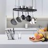 Black Carbon Steel Ceiling Mount Oval Hanging Kitchen Pot Rack with 12 Hooks