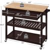 Dark Brown Kitchen Island Cart w/ Wood Top 2-Shelves Drawer and Locking Wheels