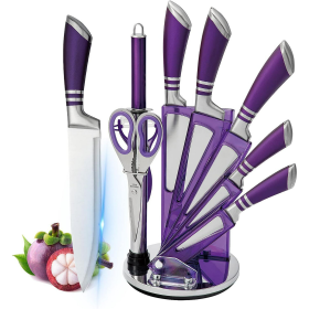 Kitchen Knife Set, 9-Pieces Purple Professional Chef Knife Set with Hollow Handle, Ultra Sharp Stainless Steel Knife Block Set with Accessories for Cu