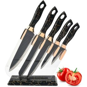 Knife Set for Kitchen, 6-Pieces Black Ultra Sharp Chef Knife Set with Ripple Blade, Marbling Handle Cooking Knife Set with Acrylic Stand for Home Rest