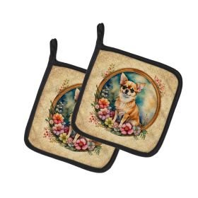 Chihuahua and Flowers Pair of Pot Holders Kitchen Heat Resistant Pot Holders Sets Oven Hot Pads for Cooking Baking BBQ, 7 1/2 x 7 1/2