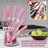 Kitchen Knife Set, 9PC Pink Wheat Straw Sharp Cooking Knife Set with Acrylic Stand, Stainless Steel Non-stick Chef with Comfortable Handle for Slicing